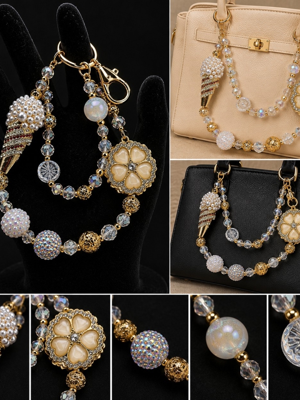 Gold & Cream Beaded Bag Charm and Pendant Chain by